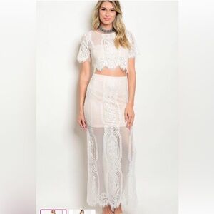 NEW Boutique Ivory & Nude Blush Lace Short Sleeve Top & Maxi Skirt 2 Piece Set
